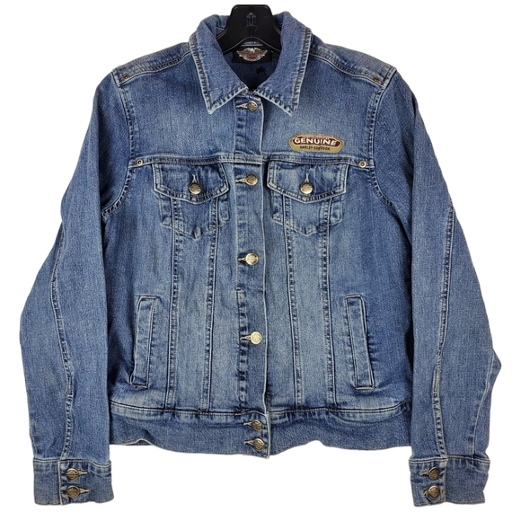 HARLEY DAVIDSON Jean Jacket Embroidered Logo Spell Out Studded - Picture 4 of 10